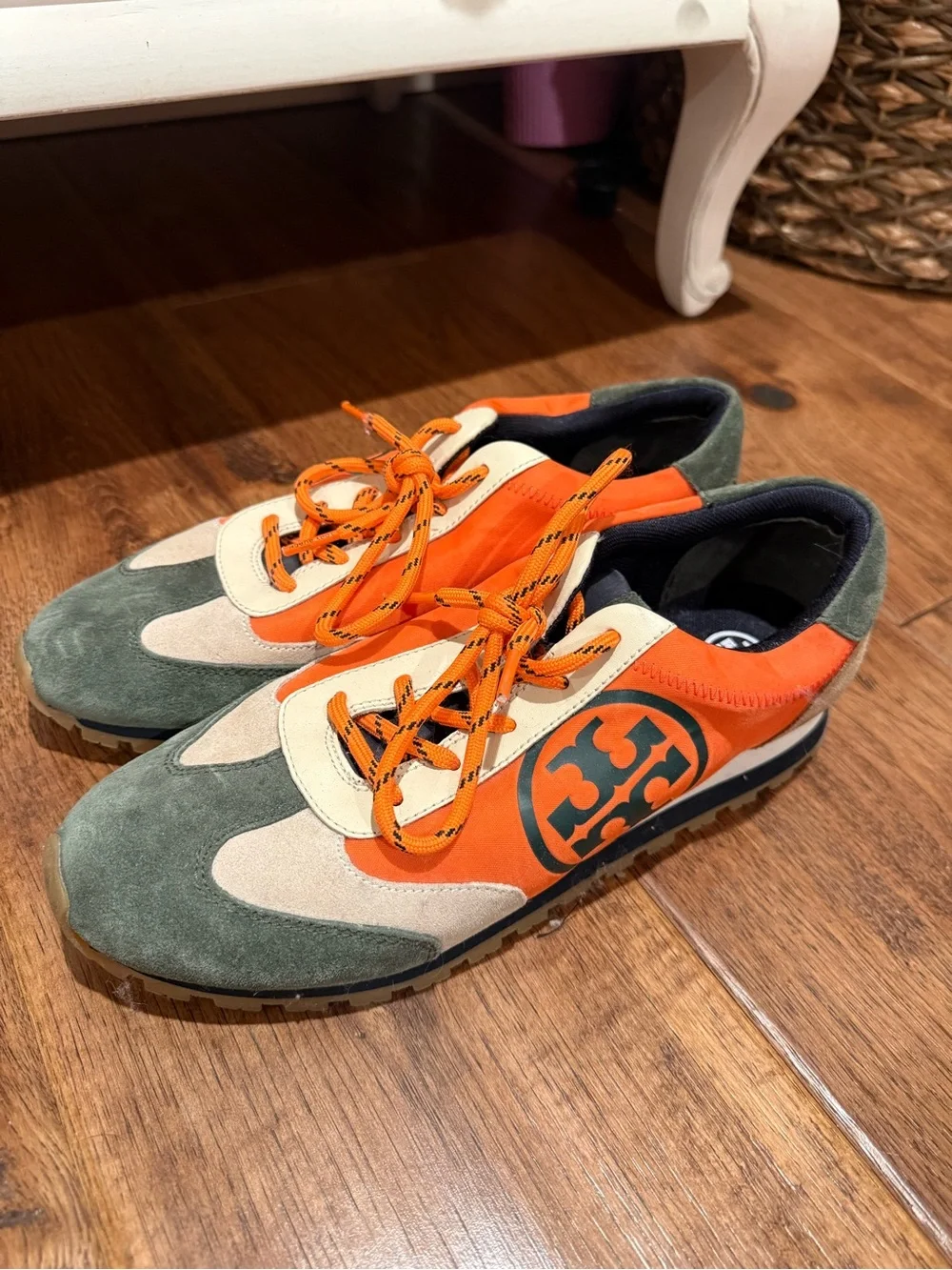 Tory Burch Orange, Green and Cream Suede-Trim Sneakers